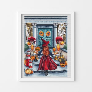 Hexe im roten Hut Halloween Kreuzstichmuster Handstickerei Design Kürbis Kreuzstich Halloween Kreuzstich Dekor Digitale pdf-Datei