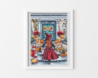 Witch in red hat Halloween cross stitch pattern Hand embroidery design Pumpkin cross stitch Halloween cross stitch decor Digital pdf file
