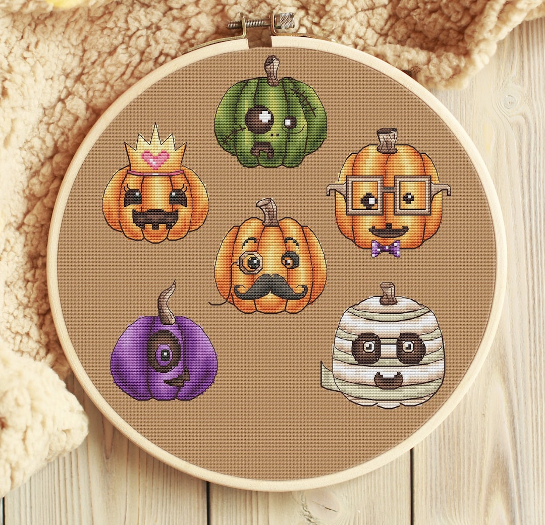 Pumpkin Faces Cross Stitch Pattern PDF – Cute Kawaii Halloween Jack-o ...