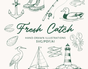 Bundel met nautische illustraties van Fresh Catch | Handgetekende kustclipart (SVG/AI/PDF)