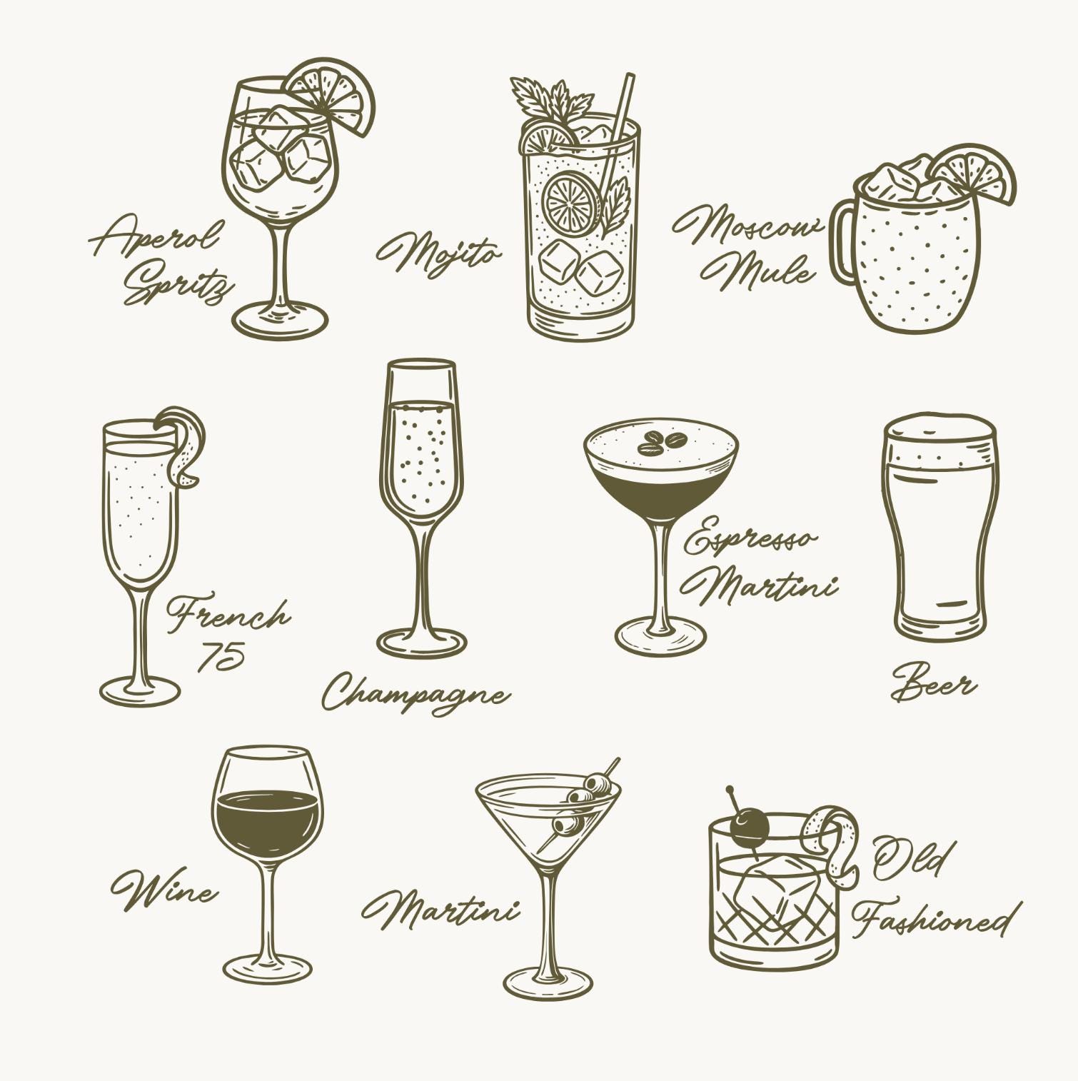 Cocktail Line Art Illustration Bundle | 20 Hand Drawn Bar Drink Icons ...