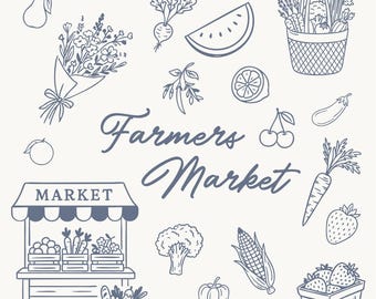 Farmers Market Line Art Illustration Bundle | Hand Drawn Produce & Market Icons | SVG AI PDF