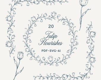 Tulpenbloem Bundel | Bloemenframes, wapenschilden & Naadloos Patroon | Handgetekende Botanische Clipart | AI, SVG, PDF Bestanden | Bruiloftsontwerp