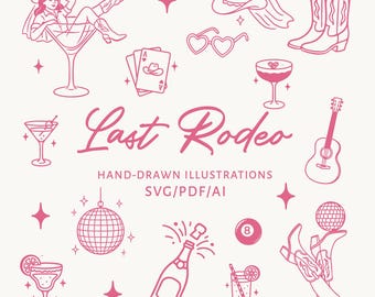 Laatste rodeo lijntekeningen illustratiebundel | Pictogrammen vrijgezellenfeest cowgirl (svg, ai, pdf)