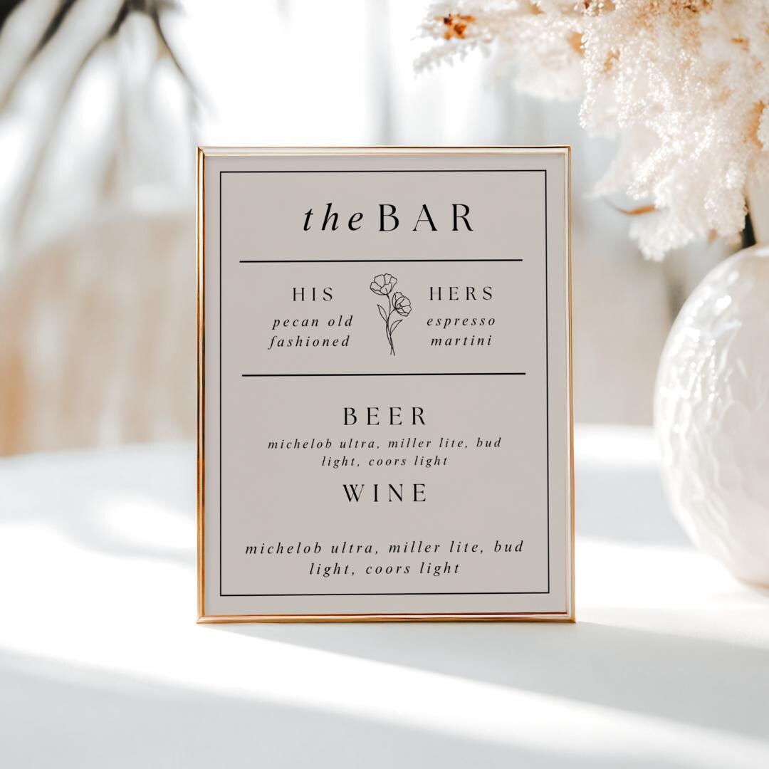 Floral Wedding Bar Menu Sign | Minimalist Canva Template (digital ...
