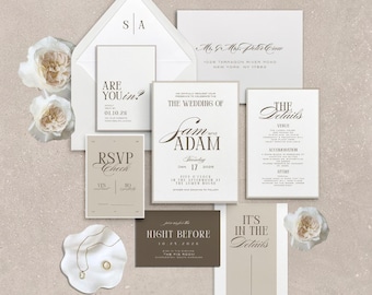 Soft Sloane-uitnodigingssuite / bewerkbare canvassjabloon / chique neutrale bruiloftsbriefpapier
