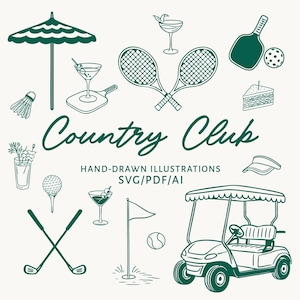 Puede incluir: Ilustraciones dibujadas a mano en verde oscuro de actividades de club de campo. La imagen incluye un carrito de golf, palos de golf, raquetas de tenis, una paleta de pickleball, un cóctel, una pelota de golf y las palabras "Country Club".