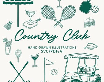 Country Club Illustration Bundle | Hand Drawn Icons | Golf & Tennis Illustrations