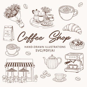 Op de afbeelding: Handgetekende illustraties met koffie-thema's. De afbeelding toont koffiekopjes, een koffiezetapparaat, een theepot, een croissant en een café. De tekst "Coffee Shop" is geschreven in een decoratief lettertype.