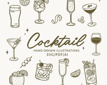 Cocktail Line Art Illustration Bundle | 20 Hand Drawn Bar Drink Icons