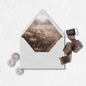 Könnte beinhalten: Ein weißer Umschlag mit Landschaftsdesign im Inneren, begleitet von drei silbernen Wachssiegeln und einer Spule braunen Bandes. Das Innere des Umschlags zeigt ein Feld mit getrockneten Blumen. Das Band ist abgerollt.