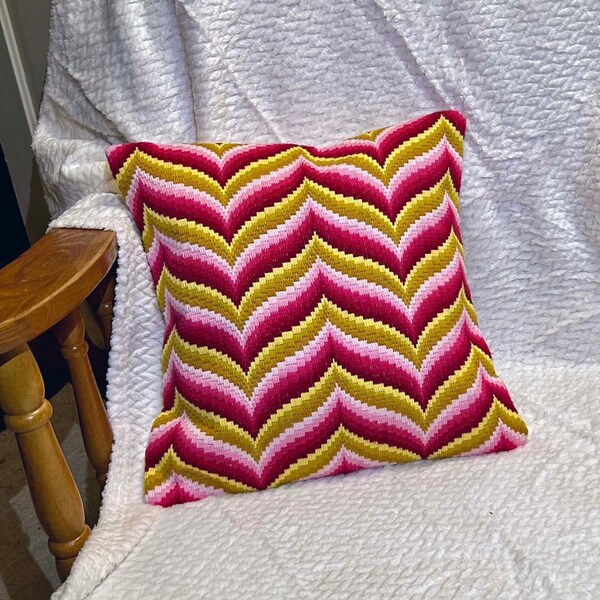 Throw Pillow - Elegant Vintage Inspired Bargello Needlepoint in Shades of Pink and Yellow - Completed, Pillow Insert Included.