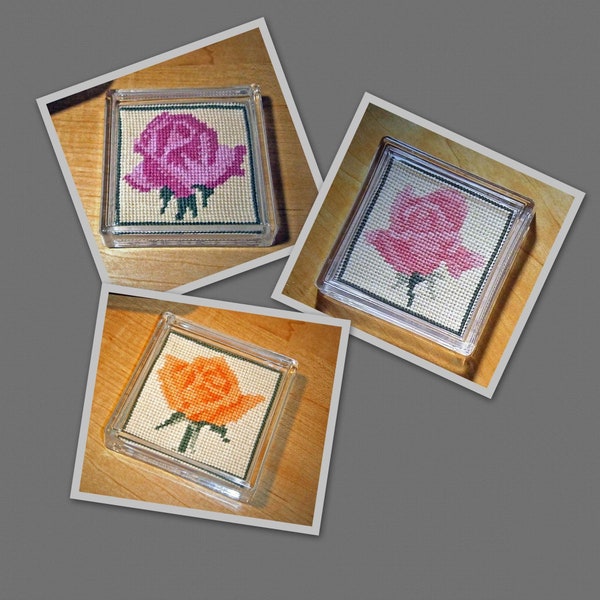 Finished Rose Cross-Stitched Coaster Set - Distinctive Home Office Decoration