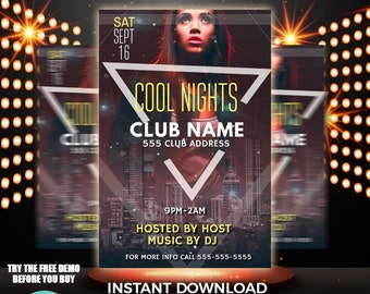 May include: A flyer for a club night with a woman's face in the center. The flyer is red and black with white text. The text says "Cool Nights", "Club Name", "555 Club Address", "9PM-2AM", "Hosted by Host", "Music by DJ", "For more info call 555-555-5555", "Instant Download", "Edit with your phone, tablet or computer in minutes", and "Clean Templates".