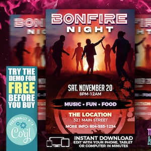 Bonfire Party Flyer Template | Editable Corjl Template | Autumn Bonfire Invitation | Rustic Fall Party Flyer | Instant Download