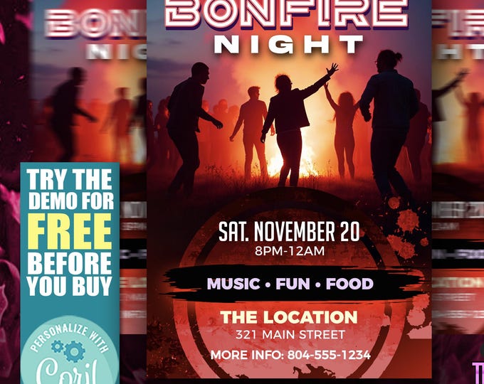 Bonfire Party Flyer Template | Editable Corjl Template | Autumn Bonfire Invitation | Rustic Fall Party Flyer | Instant Download