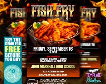 May include: A flyer advertising a fish fry event at John Marshall High School on Friday, September 16th from 3-6pm. The flyer features a picture of fried fish in a basket and includes the text "Try the demo for free before you buy".