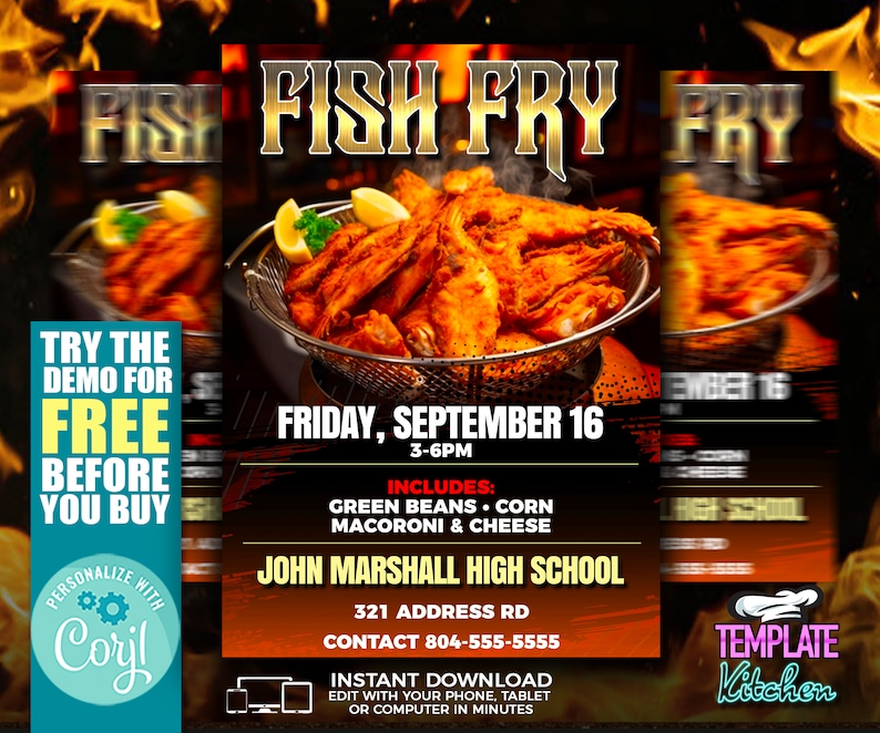 May include: A flyer advertising a fish fry event at John Marshall High School on Friday, September 16th from 3-6pm. The flyer features a picture of fried fish in a basket and includes the text "Try the demo for free before you buy".