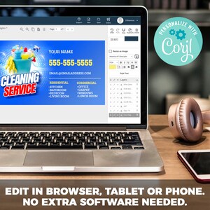 May include: A laptop screen shows a cleaning service business card template with a blue and yellow design. The card includes contact details and a list of residential and commercial services. The text "EDIT IN BROWSER, TABLET OR PHONE. NO EXTRA SOFTWARE NEEDED." is at the bottom.