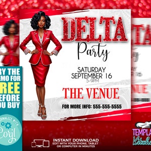 May include: A digital invitation for a Delta Party on Saturday, September 16th from 5-9pm. The invitation features a woman in a red suit and the text "DELTA Party" in red glitter letters. The invitation also includes the text "THE VENUE" and a phone number for more information. The invitation is designed with a white background and red accents.