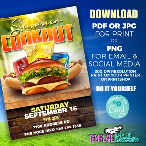 May include: A printable flyer for a summer cookout on Saturday, September 16th, from 9pm to 2am. The flyer features a burger, hot dogs, and drinks on a wooden table. The text on the flyer says "Summer Cookout", "Saturday September 16", "9PM-2AM", "2900 Address Rd", and "For More Info: 555-555-5555".