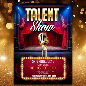 Op de afbeelding: Een promotieposter voor een talentenjacht. De poster toont een podium met rode gordijnen, een gouden microfoon en de woorden "TALENT Show" in goud en wit. De datum en tijd worden weergegeven in een rood lichtbak.