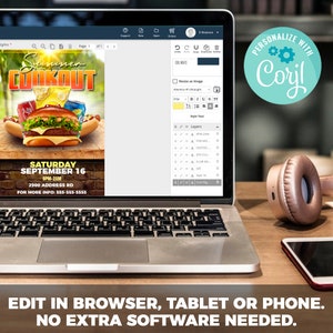 May include: A laptop computer displaying a flyer for a summer cookout. The flyer is designed using the online design platform, "Corjl". The flyer features a cartoon illustration of a hamburger, hot dog, and soda. The text on the flyer reads "Summer Cookout", "Saturday, September 16", "9PM-2AM", "2900 Address Rd", and "For More Info: 555-555-5555".