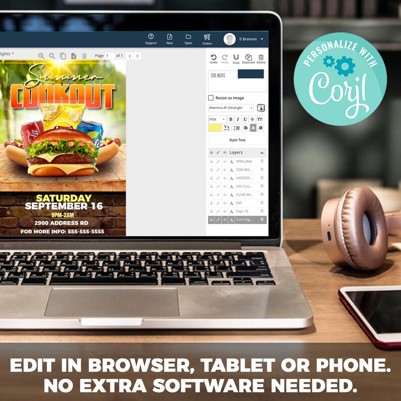 May include: A laptop computer displaying a flyer for a summer cookout. The flyer is designed using the online design platform, "Corjl". The flyer features a cartoon illustration of a hamburger, hot dog, and soda. The text on the flyer reads "Summer Cookout", "Saturday, September 16", "9PM-2AM", "2900 Address Rd", and "For More Info: 555-555-5555".