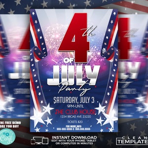 May include: A flyer for a 4th of July party. The design features red, white, and blue colors with fireworks, stars, and the text "4th of July Party". Includes event details: Saturday, July 3, 9 PM until, The Club House, and contact information.