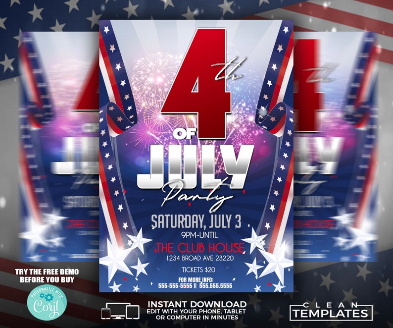 May include: A flyer for a 4th of July party. The design features red, white, and blue colors with fireworks, stars, and the text "4th of July Party". Includes event details: Saturday, July 3, 9 PM until, The Club House, and contact information.