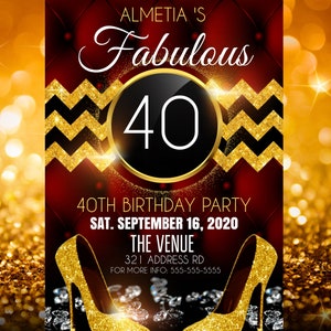 Op de afbeelding: Een gouden en zwarte verjaardagsuitnodiging met een rode achtergrond. De uitnodiging heeft een groot gouden nummer 40, de tekst "Almetia's Fabulous 40th Birthday Party" en de datum "Sat. September 16, 2020".