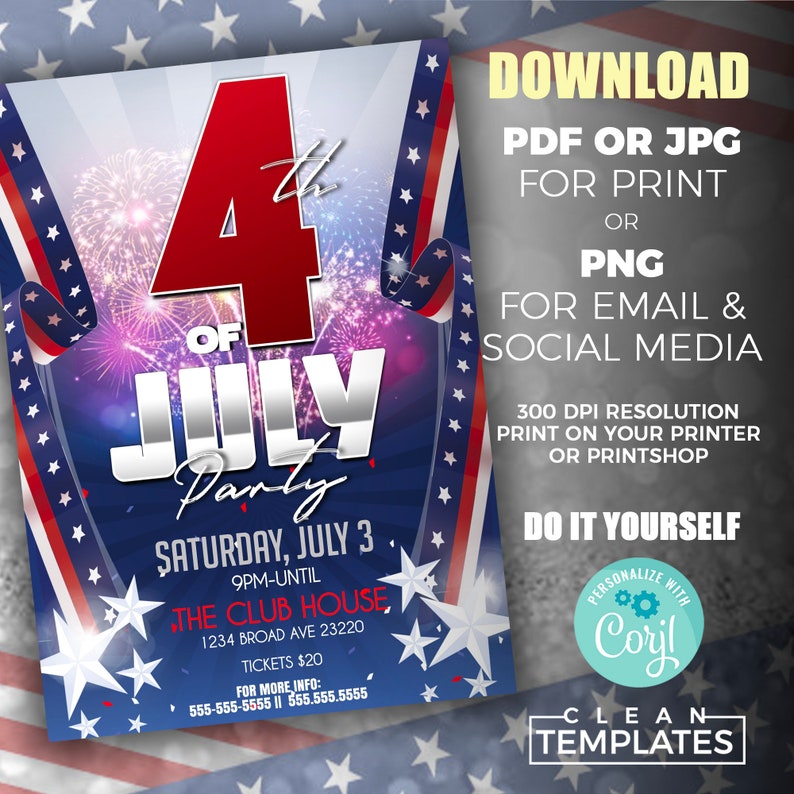 May include: A patriotic 4th of July party flyer with a red, white, and blue color scheme. The design includes fireworks, stars, and the text "4th of July Party" with event details. The flyer is available for download in PDF, JPG, or PNG formats.