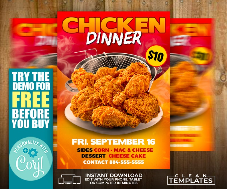 May include: A red and yellow flyer advertising a chicken dinner for $10. The flyer features a close-up of fried chicken in a basket, with the text "Chicken Dinner" and "Try the demo for free before you buy".