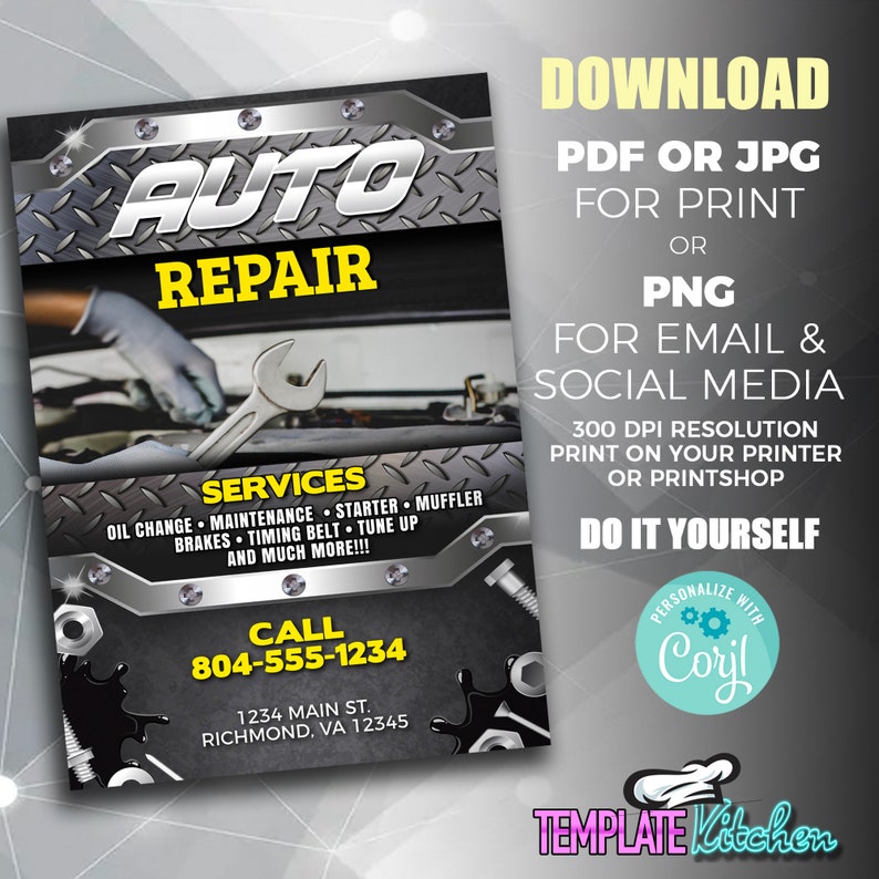 Auto Repair Service | Edit Online | 5X7 Digital & Printable | Do It ...
