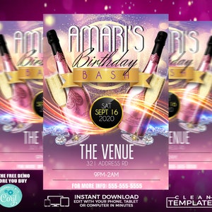 May include: A pink and gold birthday party invitation with a sparkling background. The invitation features two bottles of champagne, a gold ribbon, and the text "Amaris' Birthday Bash" with the date "Sat Sept 16 2020". The venue is listed as "The Venue" with the address "321 Address Rd" and the time "9pm-2am".