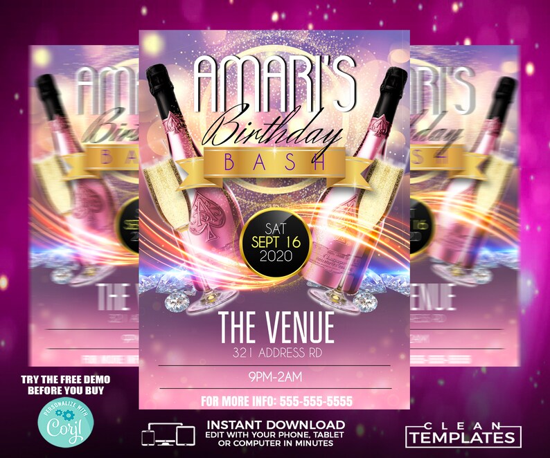 May include: A pink and gold birthday party invitation with a sparkling background. The invitation features two bottles of champagne, a gold ribbon, and the text "Amaris' Birthday Bash" with the date "Sat Sept 16 2020". The venue is listed as "The Venue" with the address "321 Address Rd" and the time "9pm-2am".