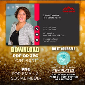 Puede incluir: Una tarjeta de visita negra y roja con una foto de una mujer, el texto "Irene Brown Agente Inmobiliario", n&uacute;meros de tel&eacute;fono, una direcci&oacute;n, una direcci&oacute;n de correo electr&oacute;nico y una direcci&oacute;n de sitio web. La tarjeta tambi&eacute;n incluye el texto "Descargar PDF o JPG para imprimir o PNG para correo electr&oacute;nico y redes sociales" y "Hazlo t&uacute; mismo Personaliza con Coril Plantillas limpias 300 DPI Resoluci&oacute;n Imprime en tu impresora o Printshop".