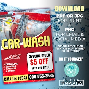 May include: A red and yellow flyer advertising a car wash with a special offer of &pound;5 off with this flyer. The flyer includes a phone number to call for a car wash, detailing, waxing, and vacuuming. The flyer also includes a logo with a car and the text "Your Logo or Title Goes Here".