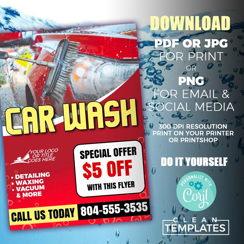 May include: A red and yellow flyer advertising a car wash with a special offer of &pound;5 off with this flyer. The flyer includes a phone number to call for a car wash, detailing, waxing, and vacuuming. The flyer also includes a logo with a car and the text "Your Logo or Title Goes Here".