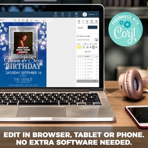 May include: A laptop computer screen displaying a birthday party invitation with a blue and silver design. The invitation says "Grown & Sexy Birthday" and includes a placeholder for a photo. The text "PERSONALIZE WITH Coril" is visible in the upper right corner of the screen.