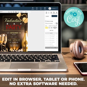 May include: A laptop computer displaying a Valentine's Day party invitation with a gold and red color scheme. The invitation features a champagne bottle, glasses, and a heart design. The text on the invitation reads "Valentine's Day Party", "Sat: September 16, 2020", "9am - 2am", "The Venue", "321 Address Rd", and "For More Info: 555-555-5555". The laptop is on a wooden table with a pair of headphones and a smartphone.