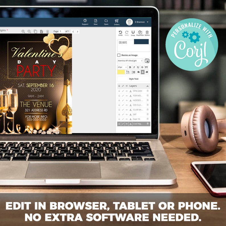 May include: A laptop computer displaying a Valentine's Day party invitation with a gold and red color scheme. The invitation features a champagne bottle, glasses, and a heart design. The text on the invitation reads "Valentine's Day Party", "Sat: September 16, 2020", "9am - 2am", "The Venue", "321 Address Rd", and "For More Info: 555-555-5555". The laptop is on a wooden table with a pair of headphones and a smartphone.