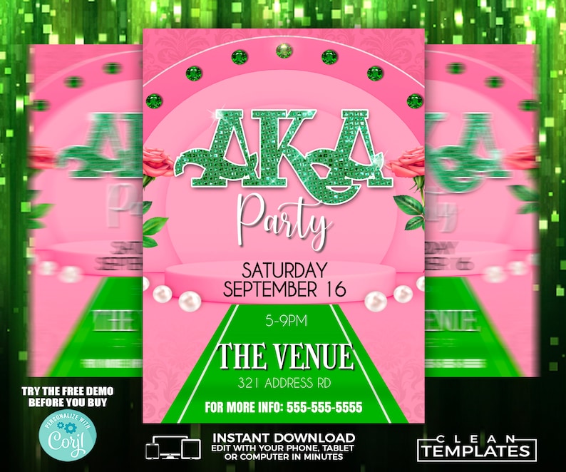 Puede incluir: Una invitaci&oacute;n de fiesta imprimible rosa y verde con el texto "AKA Party" en letras de purpurina verde. La invitaci&oacute;n incluye la fecha "S&aacute;bado 16 de septiembre" y la hora "5-9PM". El lugar es "The Venue" con la direcci&oacute;n "321 Address Rd". El texto "Prueba la demo gratuita antes de comprar" est&aacute; en la parte inferior de la invitaci&oacute;n.