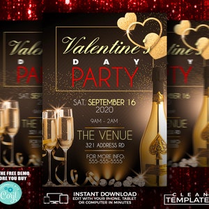 May include: A Valentine's Day party invitation with a gold heart design, champagne glasses, and a bottle of champagne. The text reads "Valentine's Day Party" with the date and time of the event. The venue is "The Venue" with the address and contact information. The invitation also includes the text "Try the free demo before you buy" and "Instant Download".