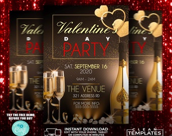 May include: A Valentine's Day party invitation with a gold heart design, champagne glasses, and a bottle of champagne. The text reads "Valentine's Day Party" with the date and time of the event. The venue is "The Venue" with the address and contact information. The invitation also includes the text "Try the free demo before you buy" and "Instant Download".