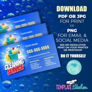 May include: A blue business card design for a cleaning service, featuring a bucket of cleaning supplies and the text "CLEANING SERVICE." Includes contact information and a list of residential and commercial services. The card also has the text "DOWNLOAD PDF OR JPG FOR PRINT OR PNG FOR EMAIL & SOCIAL MEDIA."