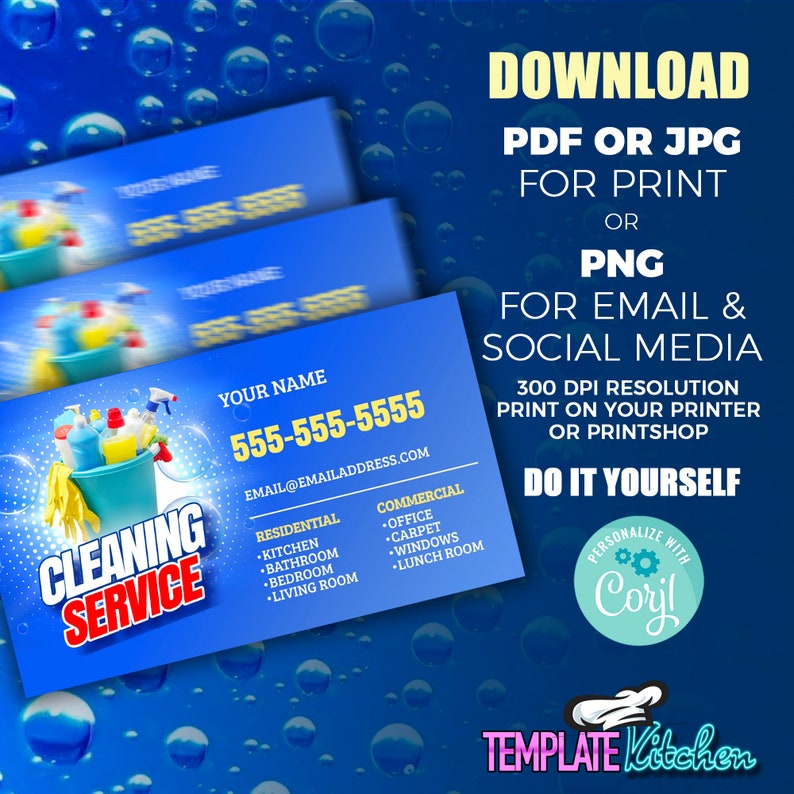May include: A blue business card design for a cleaning service, featuring a bucket of cleaning supplies and the text "CLEANING SERVICE." Includes contact information and a list of residential and commercial services. The card also has the text "DOWNLOAD PDF OR JPG FOR PRINT OR PNG FOR EMAIL & SOCIAL MEDIA."