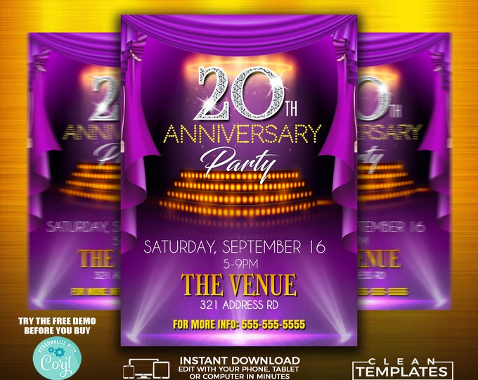 Purple Anniversary Flyer | Edit Online | 5X7 Digital & Printable | Do It Yourself | Corjl Template