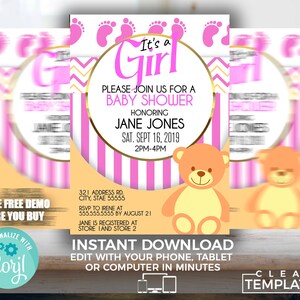 May include: Pink and white striped baby shower invitation with a gold circle and the text "It's a Girl". The invitation also includes a teddy bear and the text "Please join us for a baby shower honoring Jane Jones, Sat. Sept 16, 2019, 2PM-4PM".