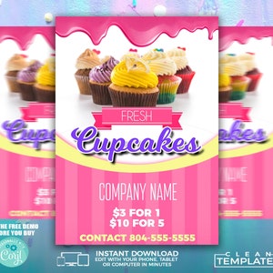 Puede incluir: Folleto de cupcakes rosa y amarillo con fondo rosa y rayas blancas. El folleto tiene un dise&ntilde;o de glaseado rosa que gotea en la parte superior. El texto del folleto dice "Cupcakes frescos", "Nombre de la empresa", "$3 por 1", "$10 por 5" y "Contacto 804-555-5555".